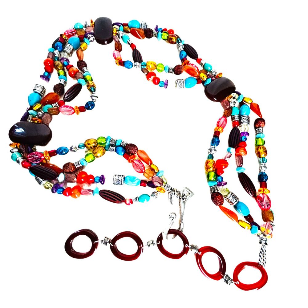 COLORFUL Multi Strand Beaded Belt Size L/XL Hammered Silver Fishhook Buckle Boho